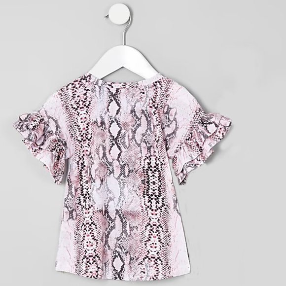 River Island Baby Girls Pink Snake Print Frill Sleeve T-Shirt - Picture 2 of 3